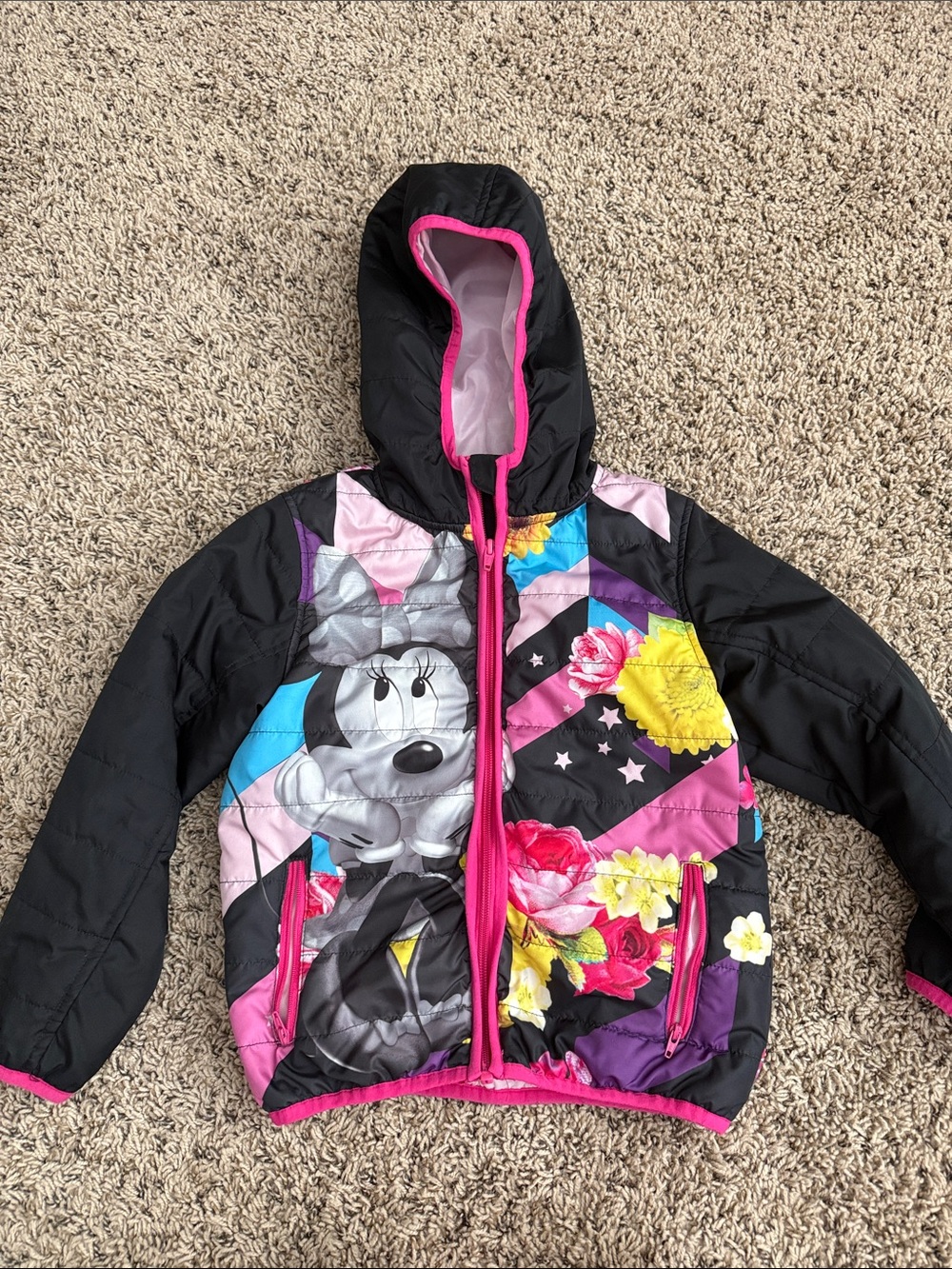 Disney Girls Black Pink Floral Minnie Wind Breaker Jacket
